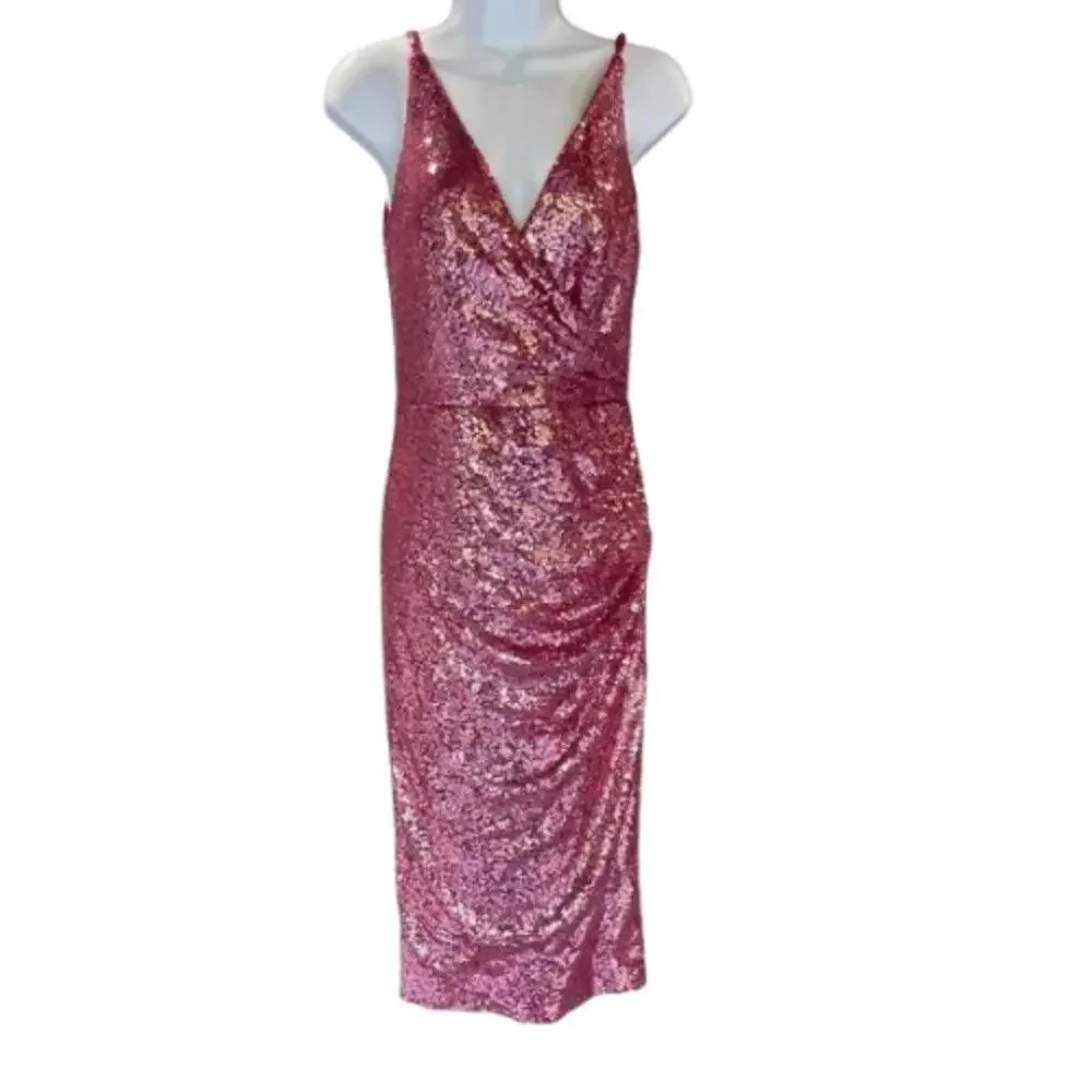 Dress The Population Anita Pink Sequin Midi Wrap Dress Size Small